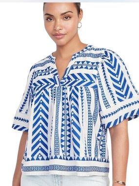 Old Navy Blue & White Geometric Split-Neck Blouse